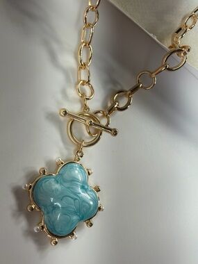 Gold Chain Necklace with Turquoise Blue Clam Shell Pendant - Women Jewelry